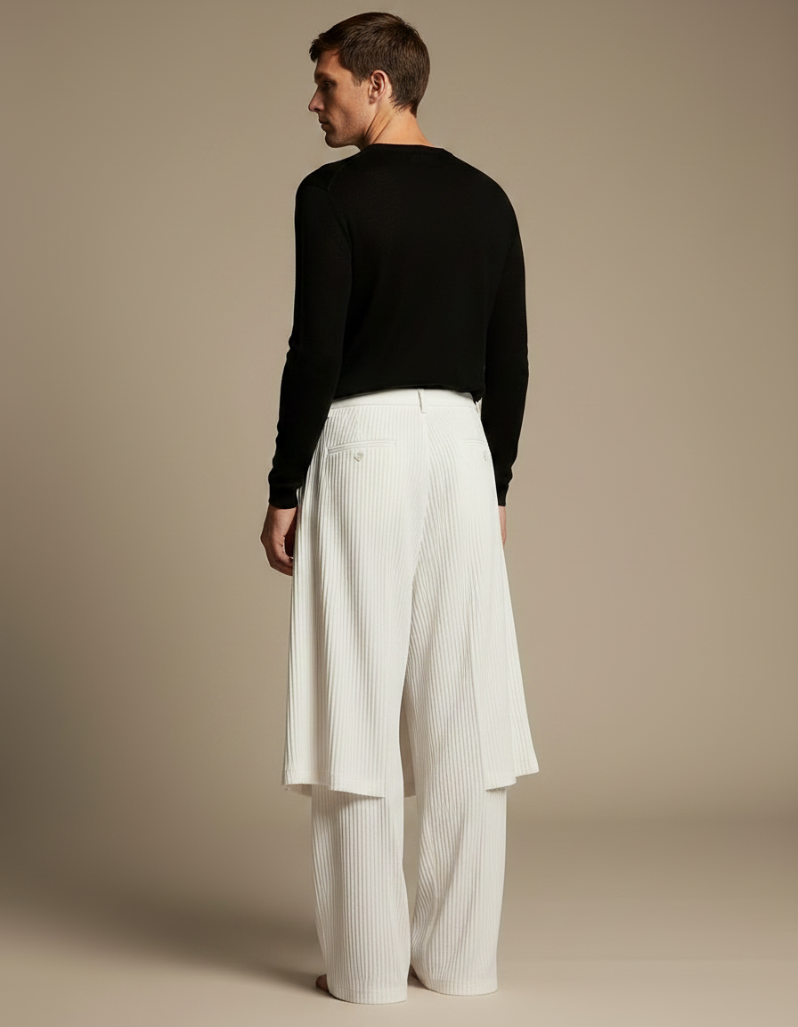 Pantalon Jupe Blanc Plissé Droit Élégant Homme - Cordé - vue 2