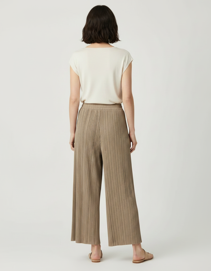 Pantalon Jupe Plissé Ample Marron Élégant Décontracté - Kaki Polyester - vue 2