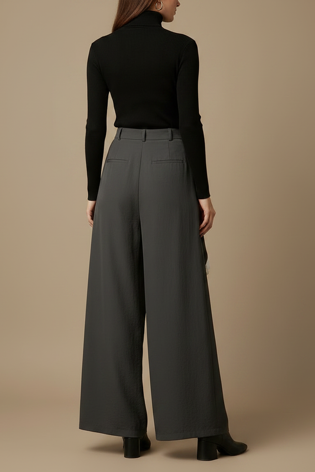 Pantalon Jupe Gris Ample Dentelle Superposé Fluide Élégant - Viscose - vue 2