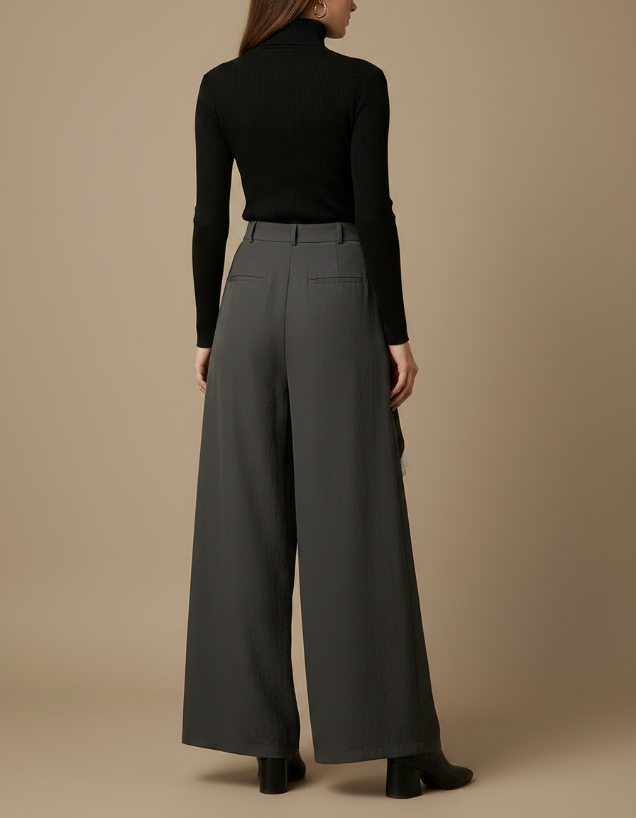 Pantalon Jupe Gris Ample Dentelle Superposé Fluide Élégant - Viscose - vue 2