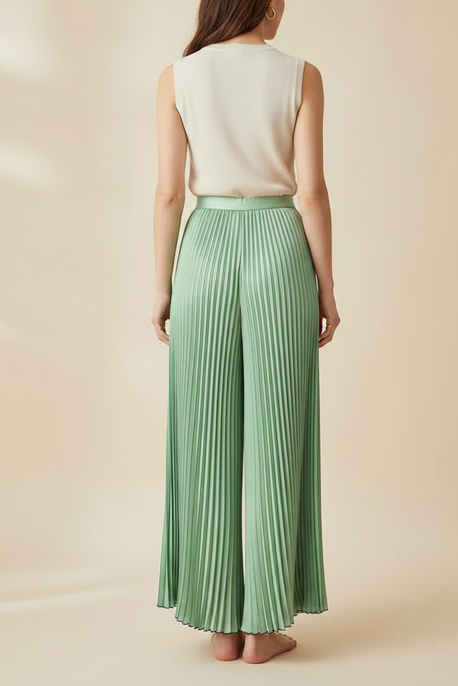 Pantalon Jupe Plissé Vert Ample Élégant Fluide - Polyester - vue 2
