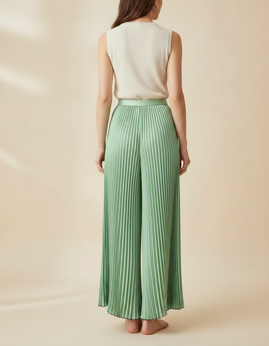 Pantalon Jupe Plissé Vert Ample Élégant Fluide - Polyester - vue 2