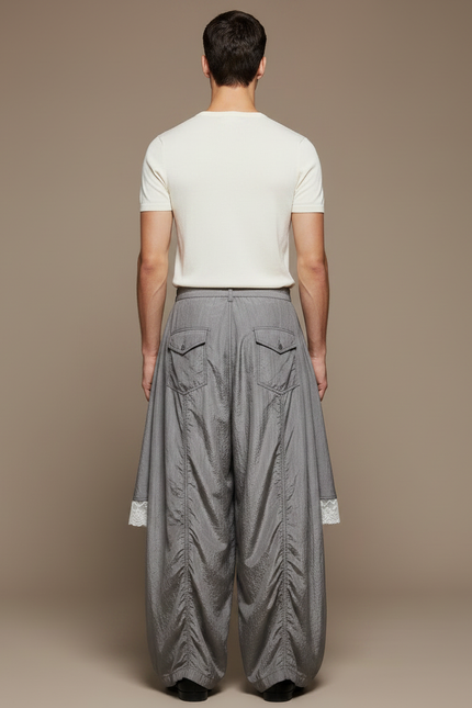Pantalon Jupe Gris Dentelle Superposée Ample Élégant - Polyester - vue 2