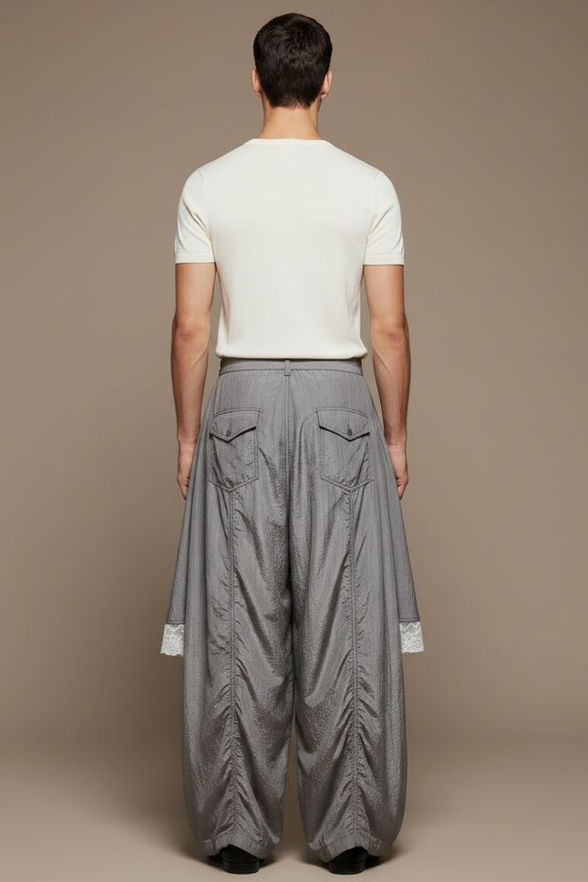 Pantalon Jupe Gris Dentelle Superposée Ample Élégant - Polyester - vue 2