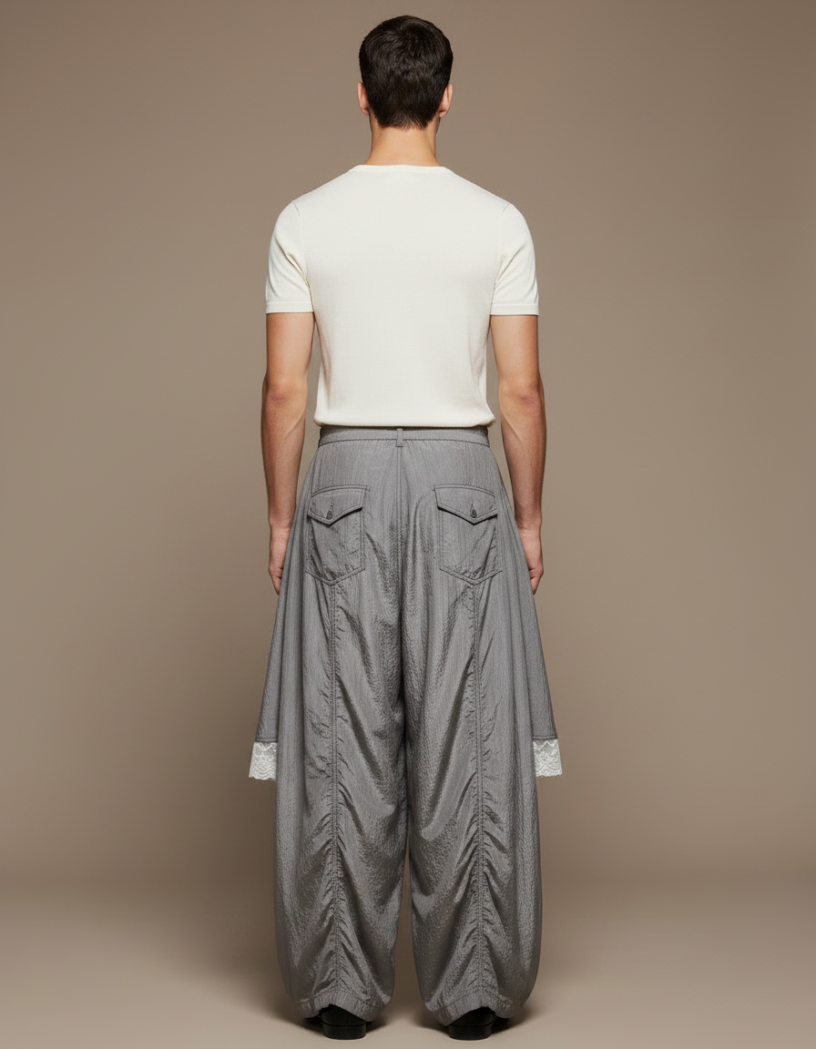 Pantalon Jupe Gris Dentelle Superposée Ample Élégant - Polyester - vue 2