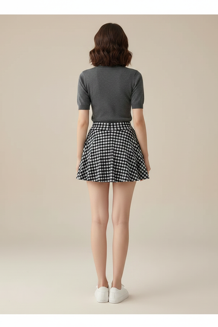 Pantalon Jupe Carreaux Évasée Courte Décontractée Noire - Coton - vue 2