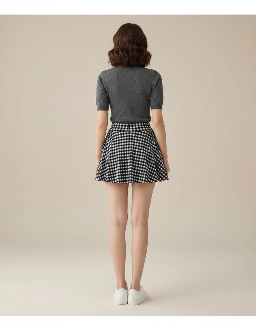 Pantalon Jupe Carreaux Évasée Courte Décontractée Noire - Coton - vue 2