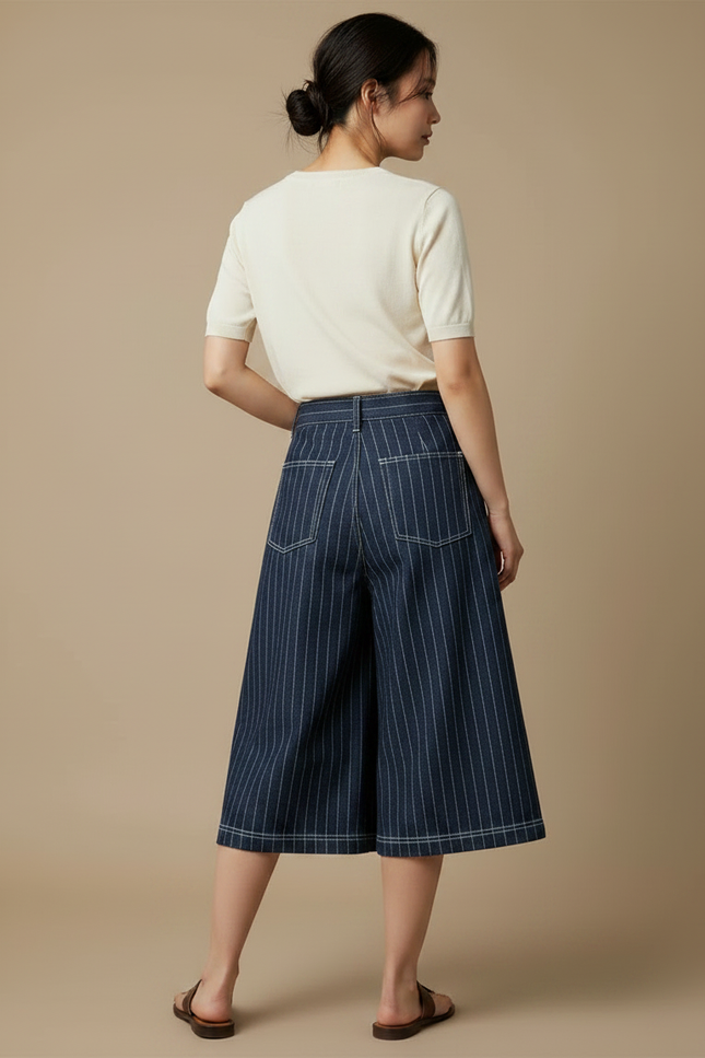 Pantalon Jupe Denim Bleu Rayé Portefeuille Élégant - Marine Jean - vue 2