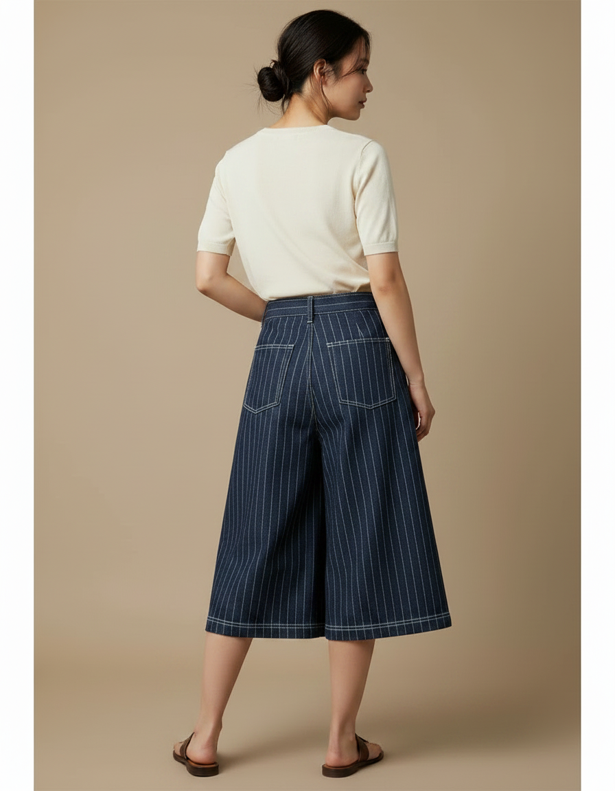 Pantalon Jupe Denim Bleu Rayé Portefeuille Élégant - Marine Jean - vue 2