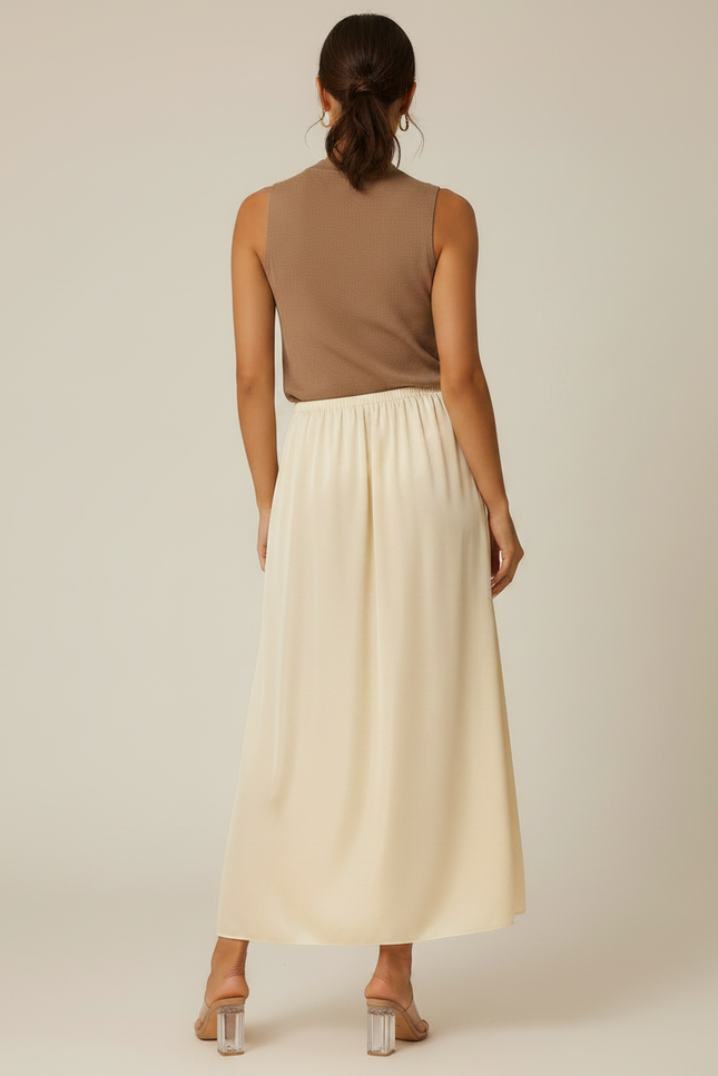 Pantalon Jupe Crème Satin Long Fluide Élégant - Beige - vue 2