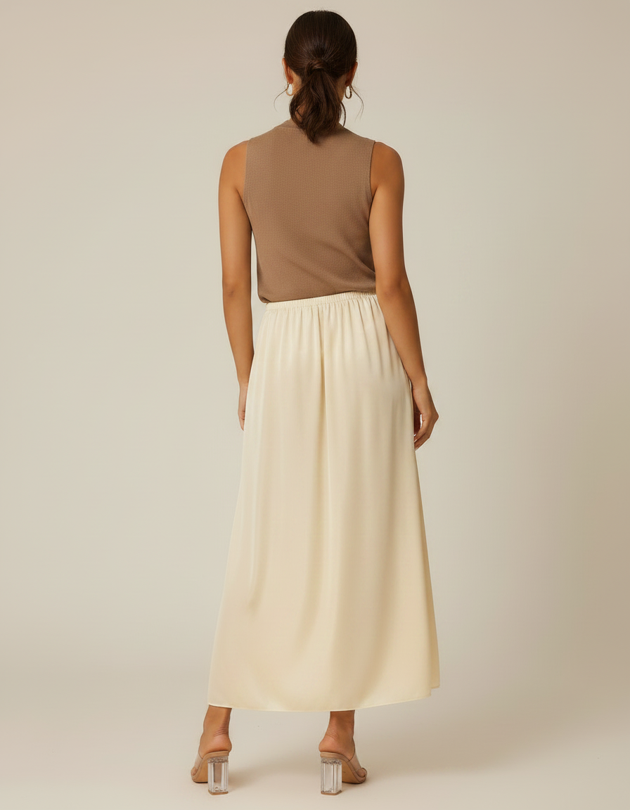 Pantalon Jupe Crème Satin Long Fluide Élégant - Beige - vue 2