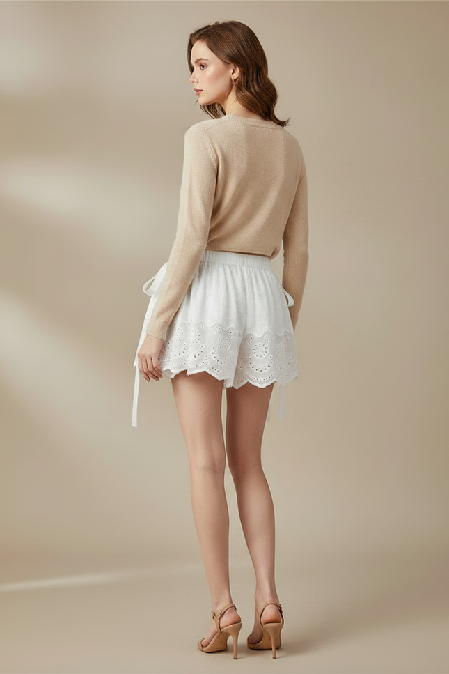 Pantalon Jupe Blanc Brodé Volants Esthétique Court - Coton - vue 2