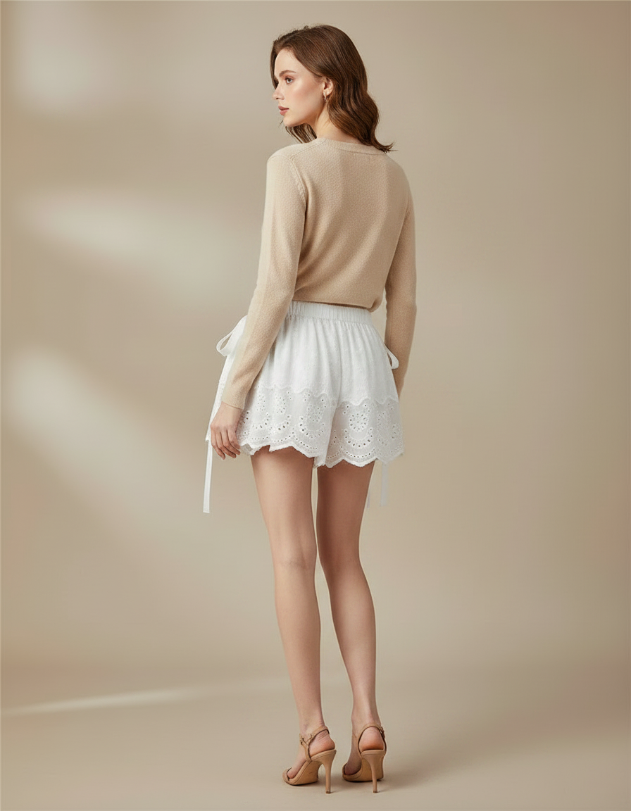 Pantalon Jupe Blanc Brodé Volants Esthétique Court - Coton - vue 2