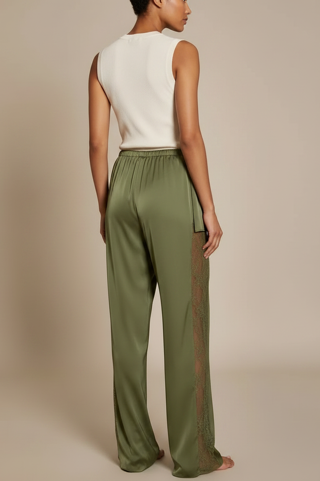 Pantalon Jupe Vert Satin Dentelle Ample Fluide Élégant - Kaki - vue 2