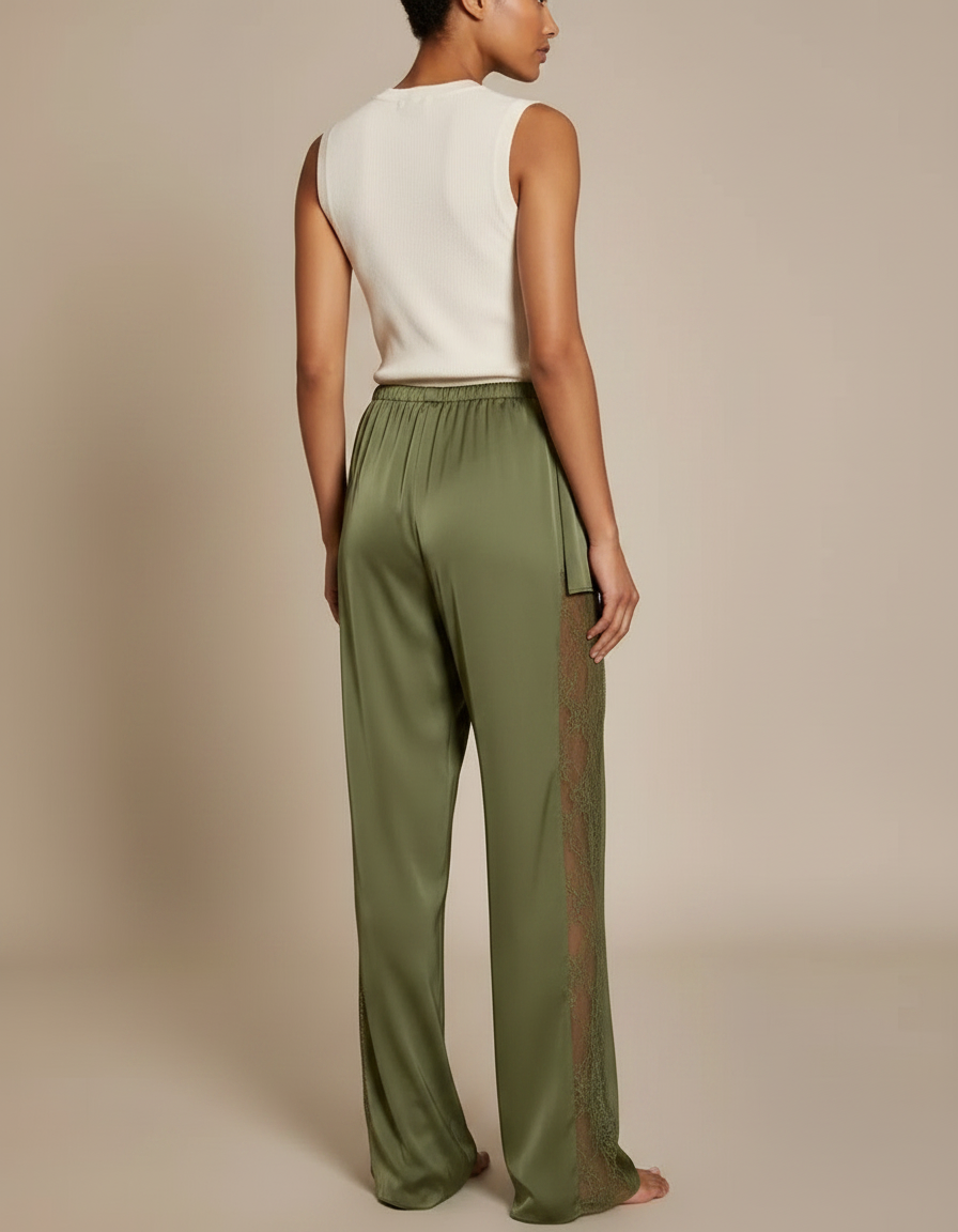 Pantalon Jupe Vert Satin Dentelle Ample Fluide Élégant - Kaki - vue 2