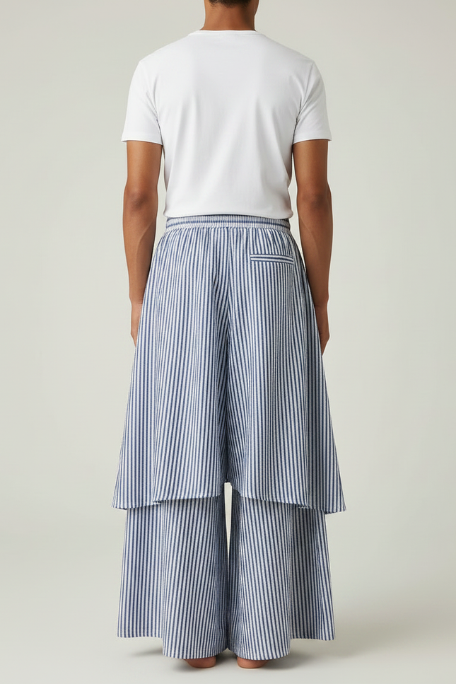 Pantalon Jupe Rayé Bleu Ample Superposé Coton Fluide - vue 2