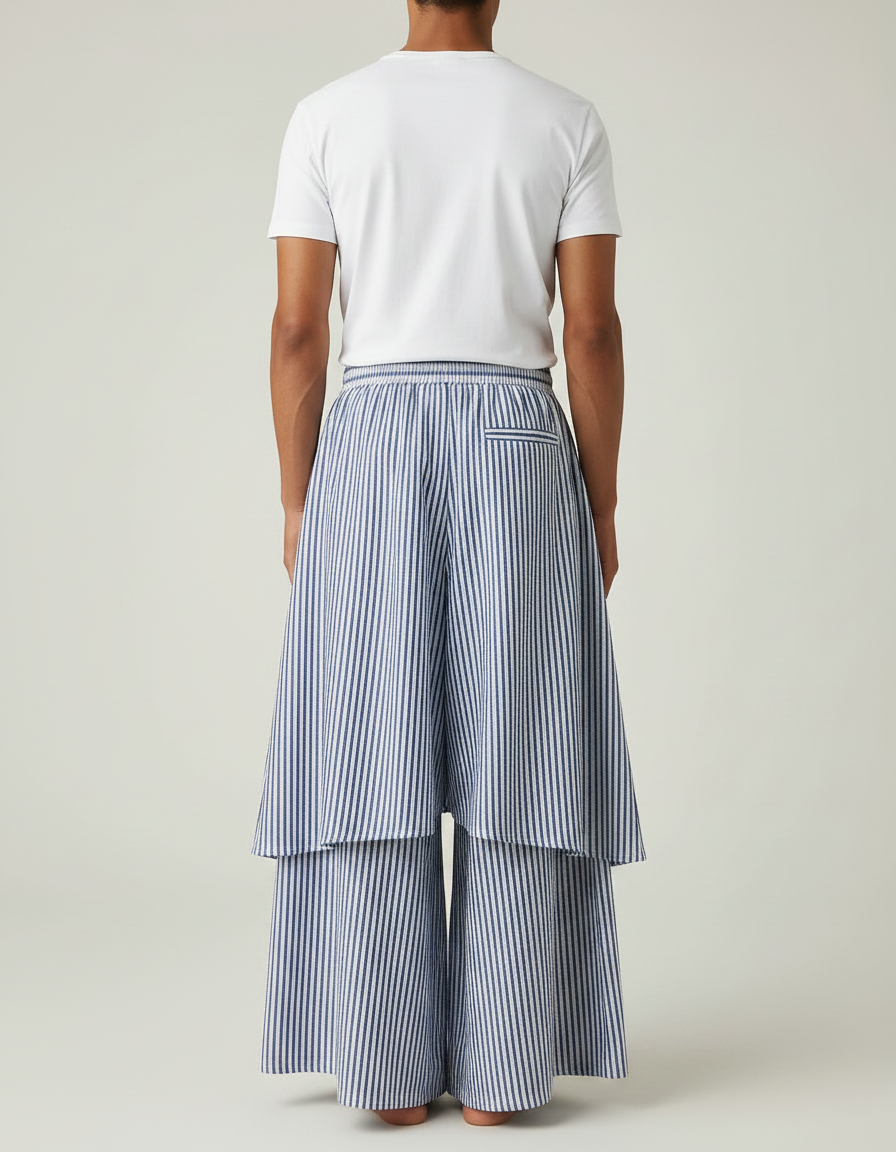 Pantalon Jupe Rayé Bleu Ample Superposé Coton Fluide - vue 2