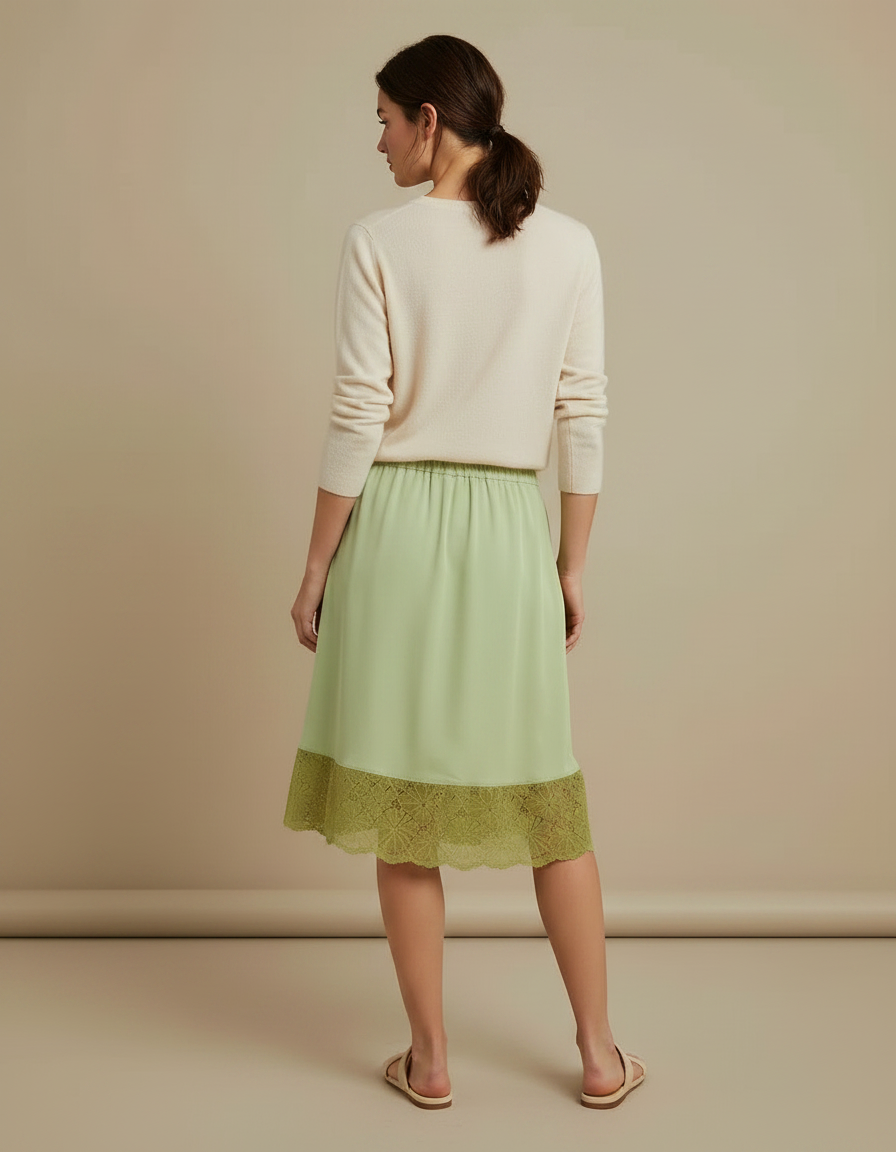Pantalon Jupe Vert Satin Dentelle Mi-long Fluide - vue 2
