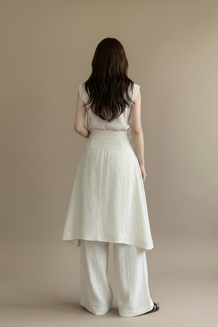 Pantalon Jupe Beige Lin Ample Superposé Élégant Femme - vue 2