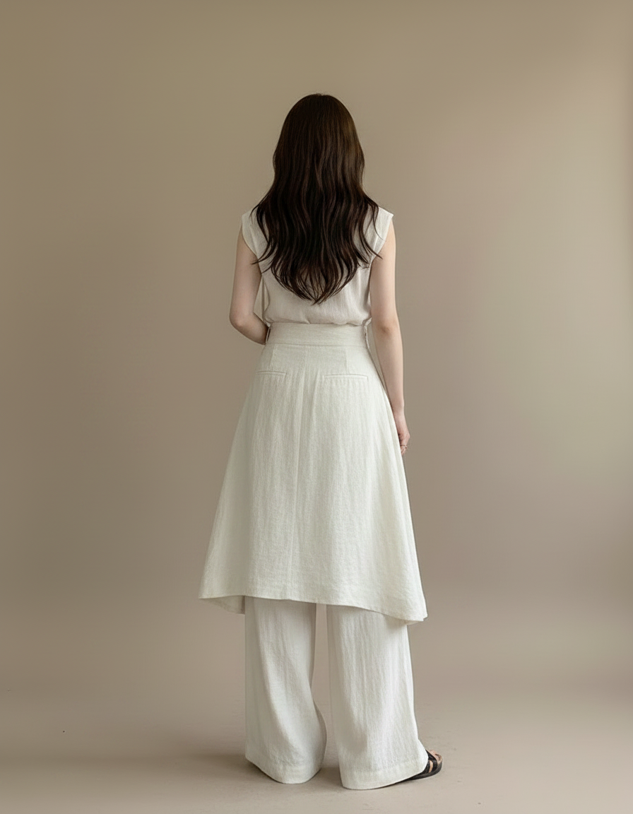 Pantalon Jupe Beige Lin Ample Superposé Élégant Femme - vue 2