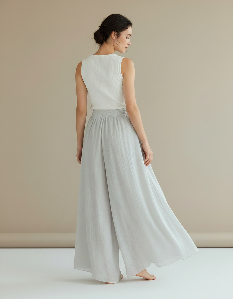 Pantalon Jupe Gris Lin Fluide Ample Élégant - vue 2