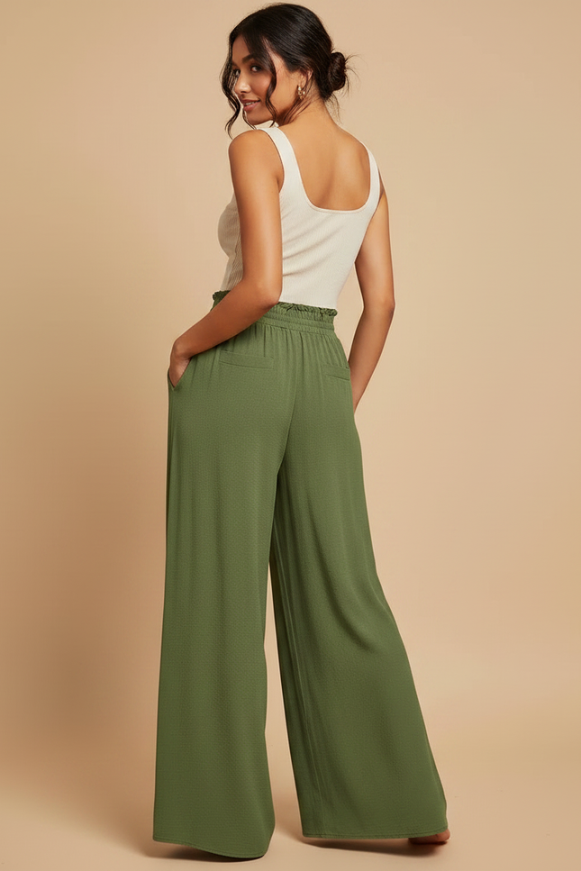 Pantalon Jupe Vert Ample Fluide Taille Haute Décontracté - Kaki Viscose - vue 2