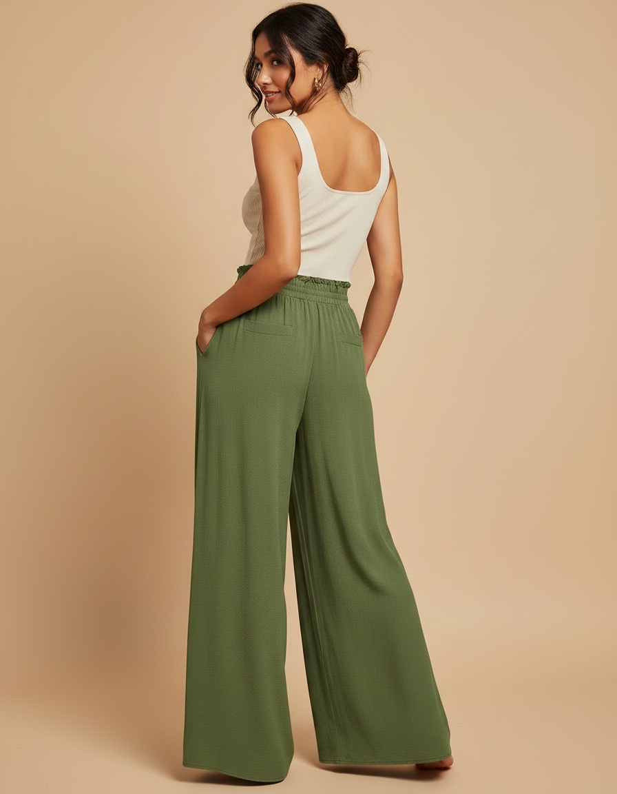 Pantalon Jupe Vert Ample Fluide Taille Haute Décontracté - Kaki Viscose - vue 2