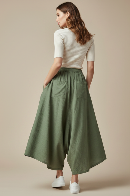 Pantalon Jupe Vert Ample Lin Décontracté Taille Élastique - Kaki - vue 2