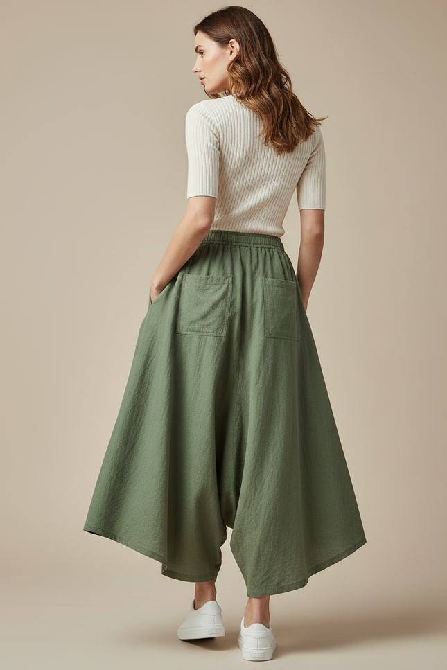 Pantalon Jupe Vert Ample Lin Décontracté Taille Élastique - Kaki - vue 2