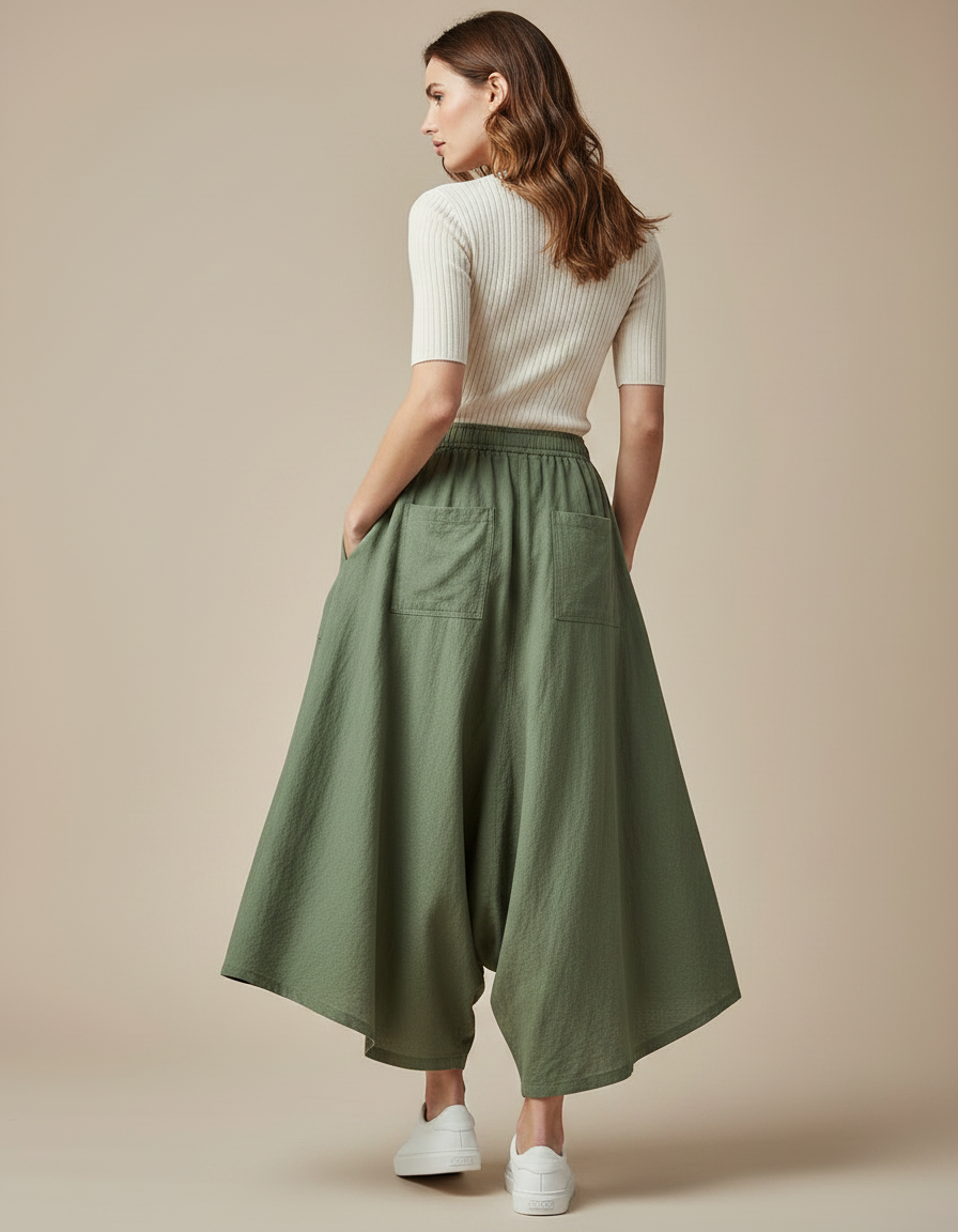 Pantalon Jupe Vert Ample Lin Décontracté Taille Élastique - Kaki - vue 2