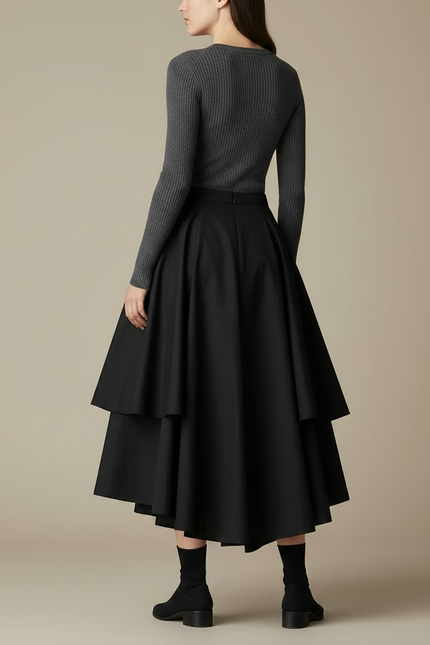 Pantalon Jupe Noir Asymétrique Plissé Longue Élégante - Gabardine - vue 2