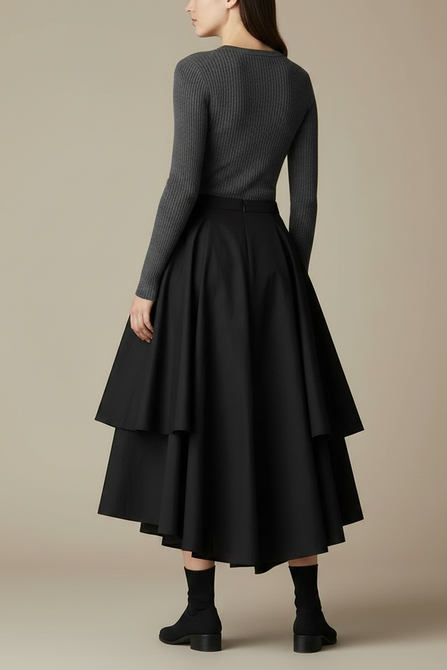 Pantalon Jupe Noir Asymétrique Plissé Longue Élégante - Gabardine - vue 2