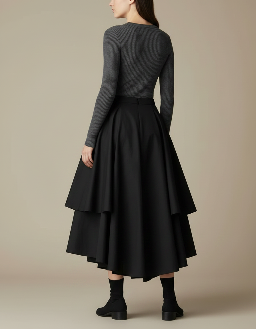 Pantalon Jupe Noir Asymétrique Plissé Longue Élégante - Gabardine - vue 2