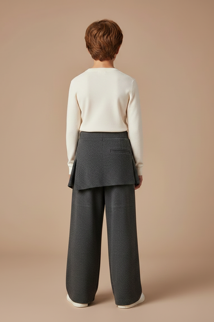 Pantalon Jupe Gris Ample Laine Superposé Confortable - Maille - vue 2