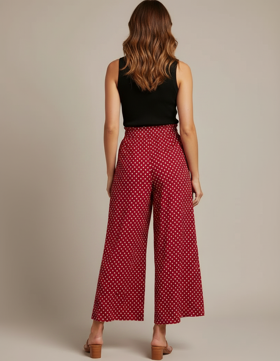 Pantalon Jupe Rouge Polka Dot Fluide Bohème Ample - Viscose - vue 2