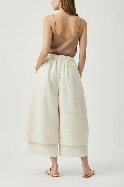 Pantalon Jupe Écru Ample Jacquard Superposé Élégant - Beige Polyester - vue 2