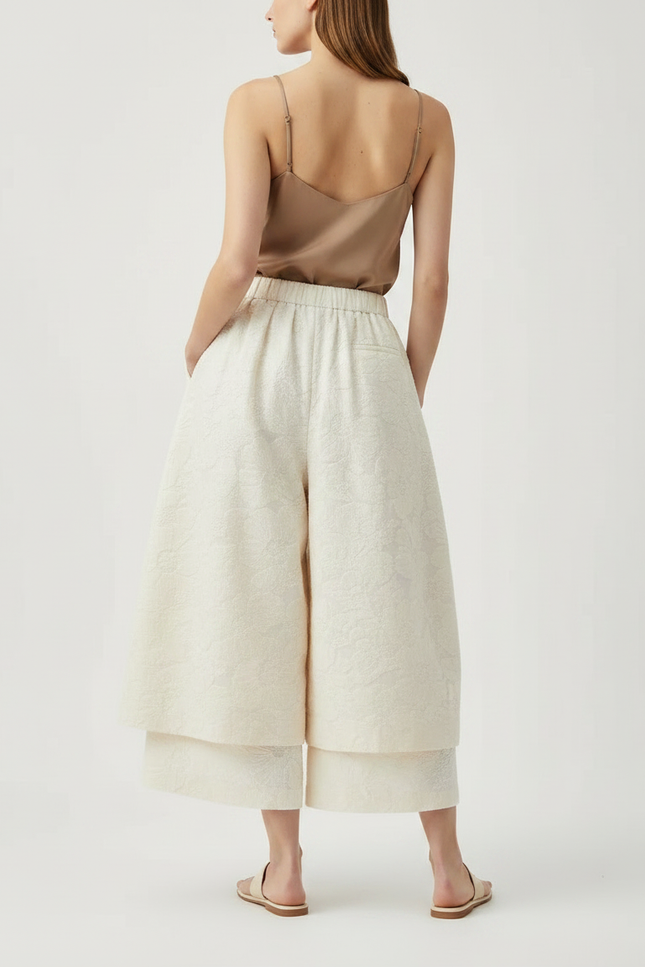 Pantalon Jupe Écru Ample Jacquard Superposé Élégant - Beige Polyester - vue 2