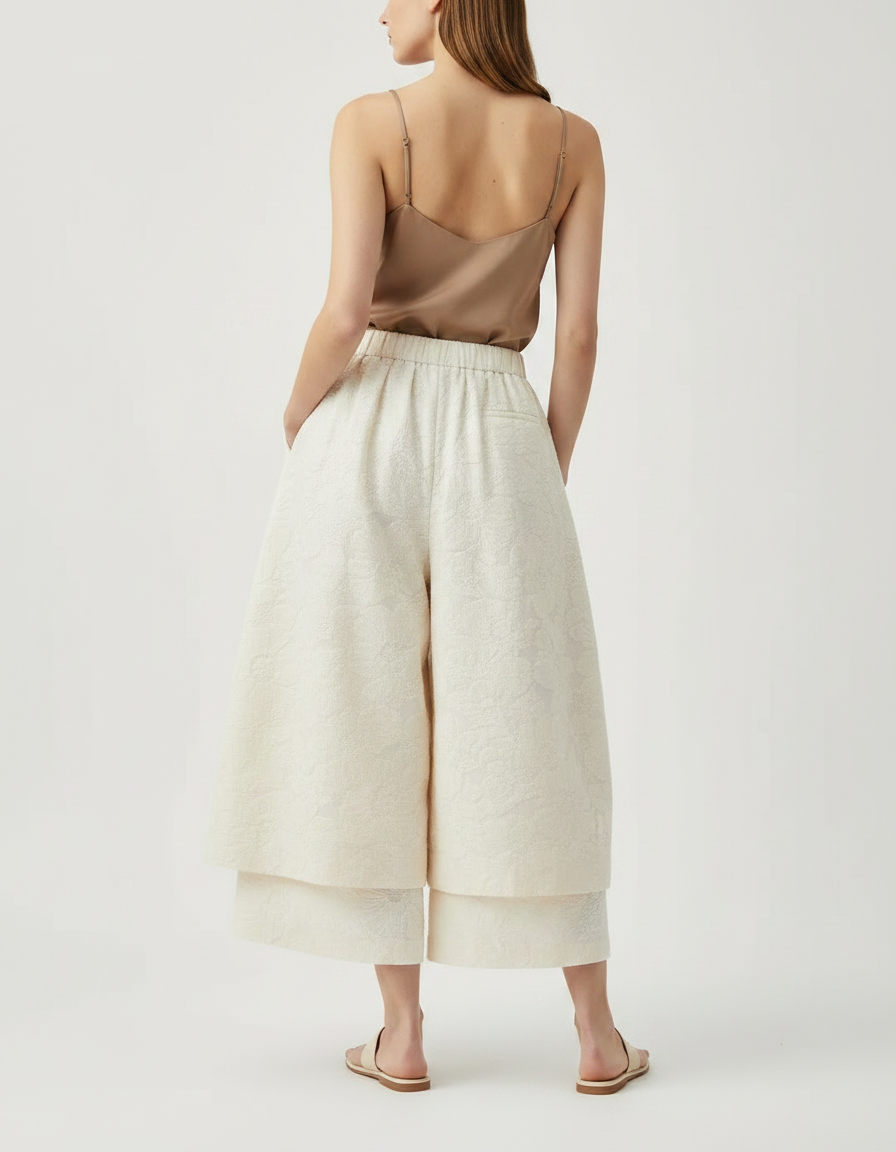 Pantalon Jupe Écru Ample Jacquard Superposé Élégant - Beige Polyester - vue 2