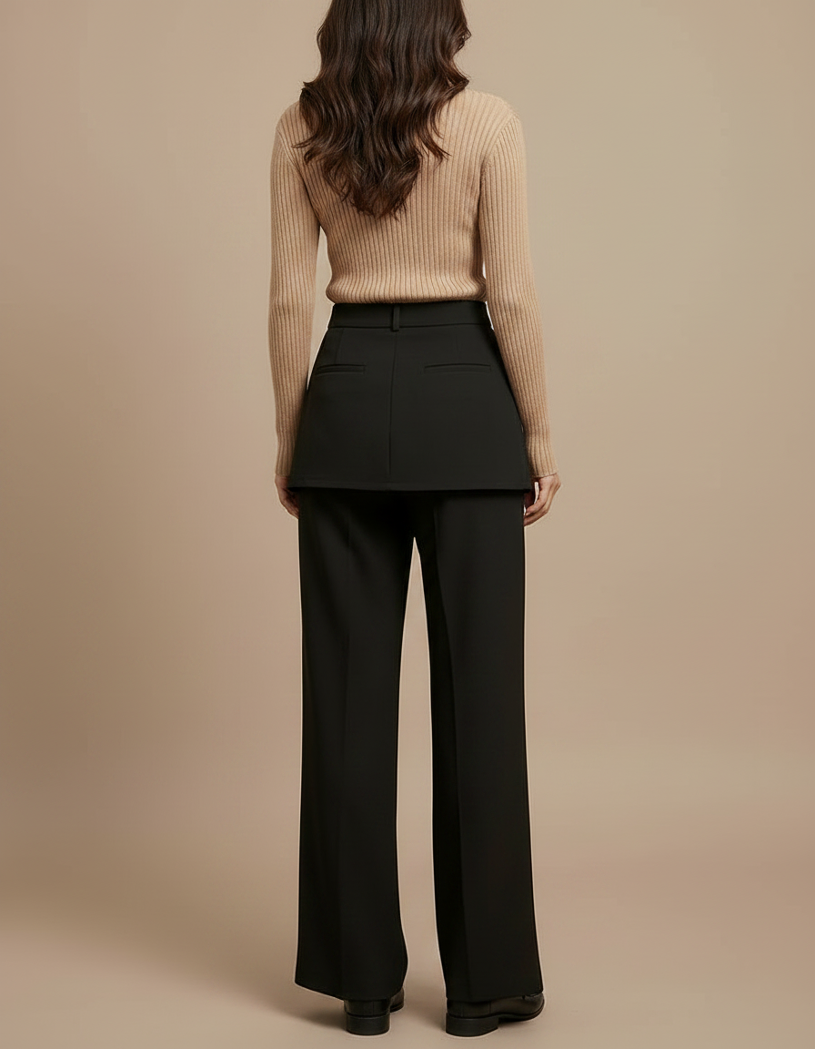 Pantalon Jupe Noir Superposé Boutonné Élégant - Polyester - vue 2