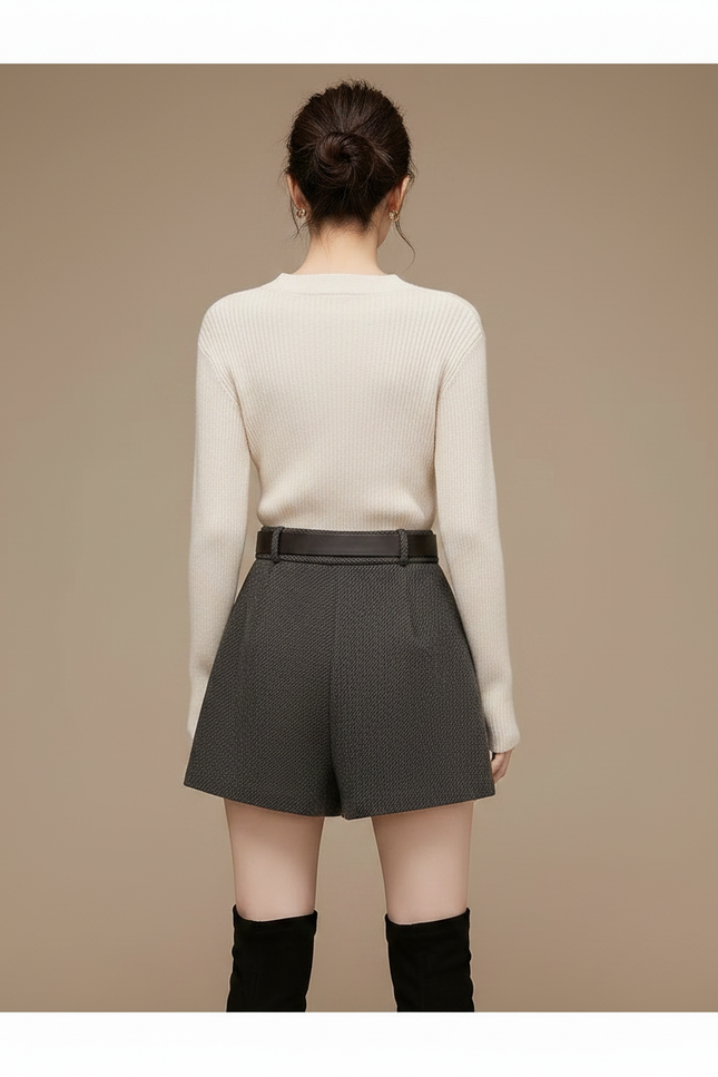 Pantalon Jupe Laine Grise Asymétrique Ceinturée Élégante - vue 2