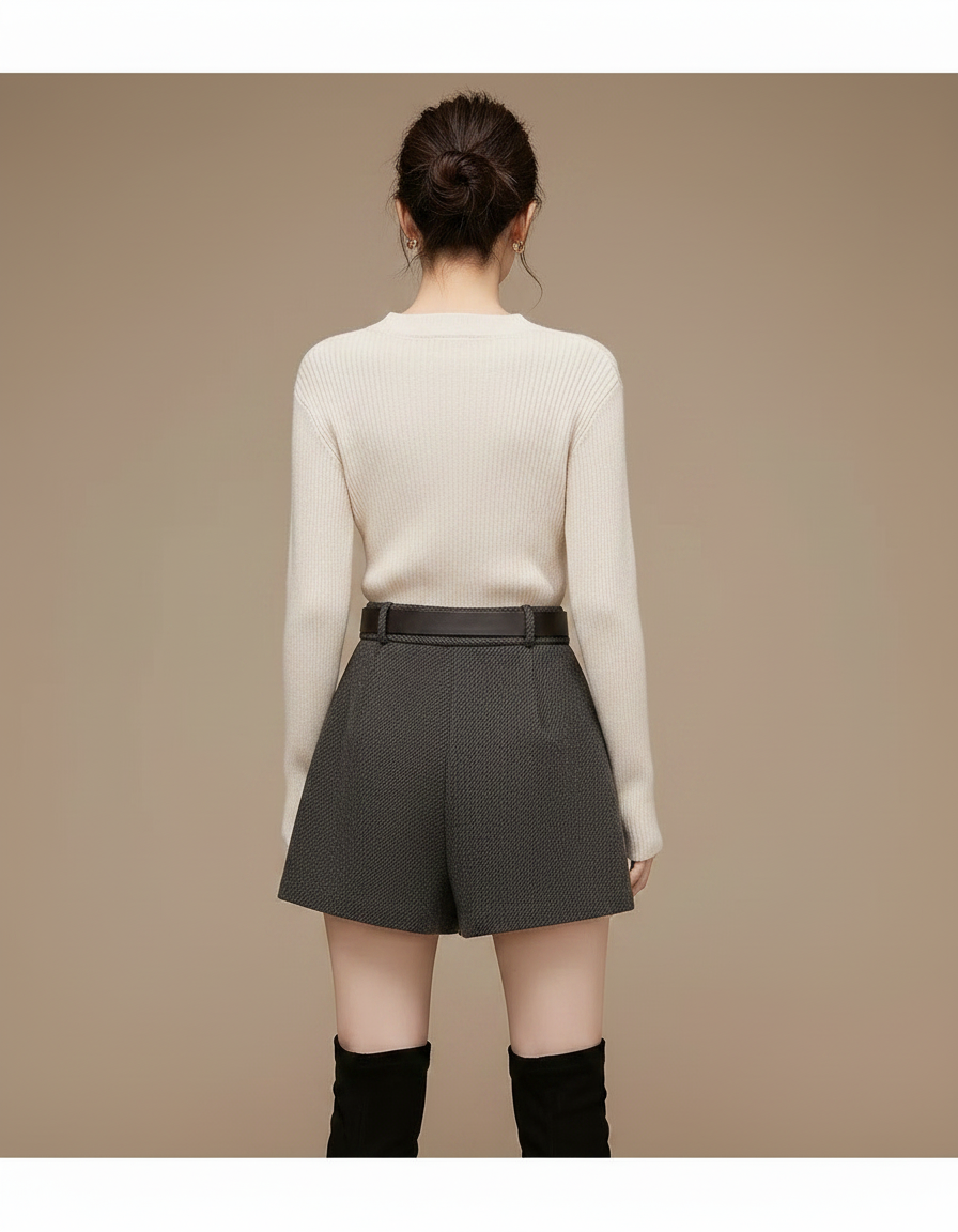 Pantalon Jupe Laine Grise Asymétrique Ceinturée Élégante - vue 2