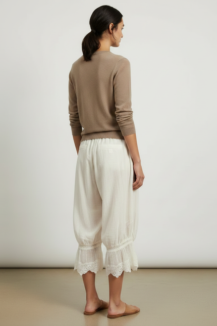 Pantalon Jupe Écru Ample Dentelle Bohème Court - Blanc Lin - vue 2
