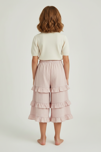 Pantalon Jupe Rose Volants Ample Coton Fille - Lin - vue 2