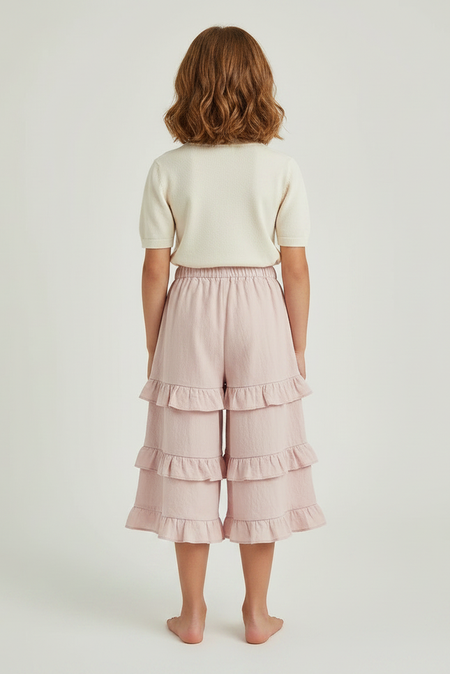 Pantalon Jupe Rose Volants Ample Coton Fille - Lin - vue 2