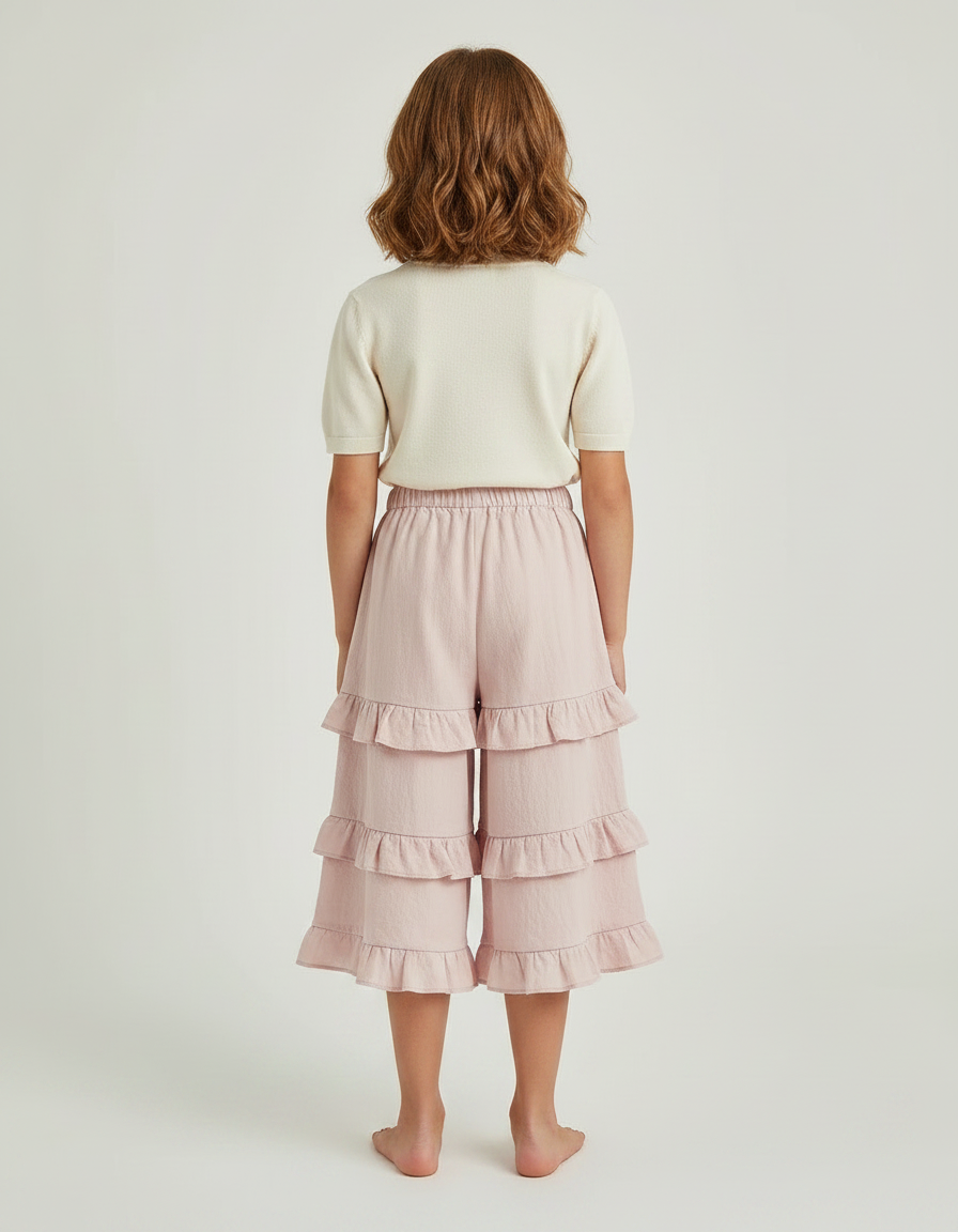 Pantalon Jupe Rose Volants Ample Coton Fille - Lin - vue 2