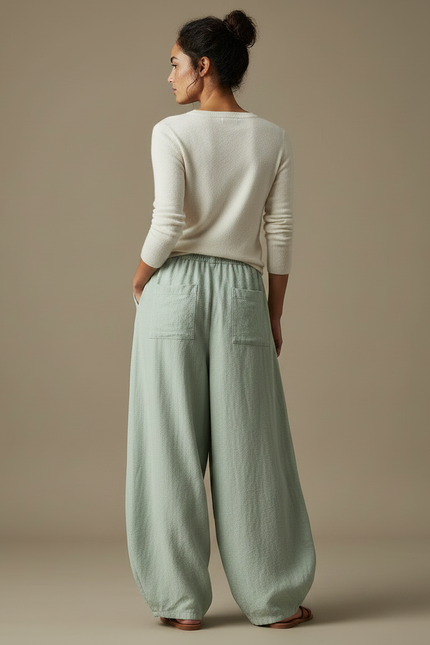 Pantalon Jupe Ample Lin Coton Vert Menthe Décontracté - vue 2