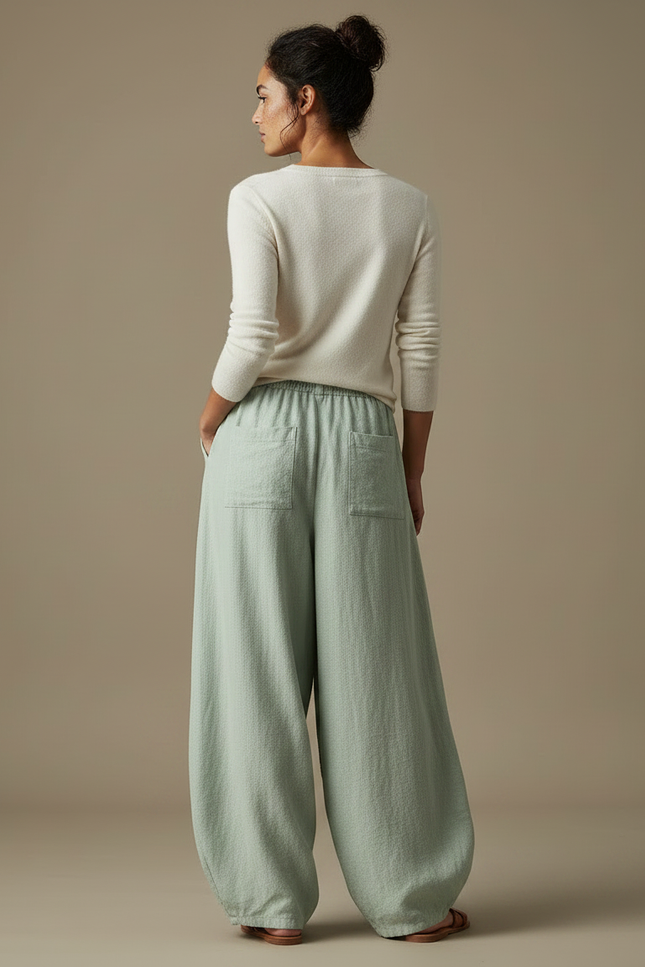 Pantalon Jupe Ample Lin Coton Vert Menthe Décontracté - vue 2