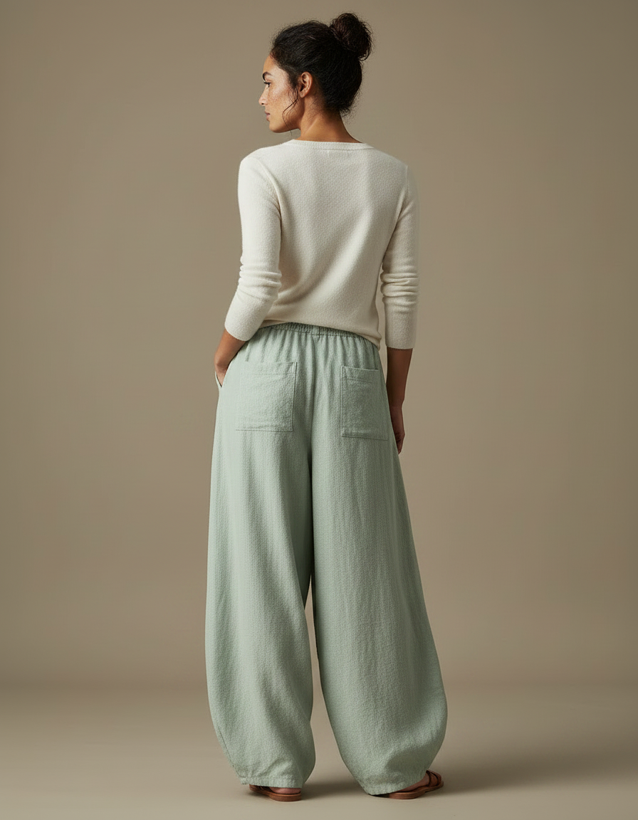 Pantalon Jupe Ample Lin Coton Vert Menthe Décontracté - vue 2