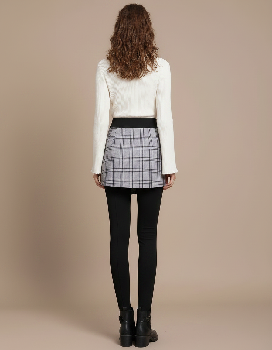 Pantalon Jupe Noir Plaid Asymétrique Hiver Épais - Maille - vue 2