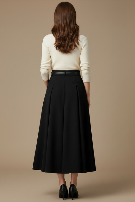 Pantalon Jupe Noir Plissé Long Évasé Élégant Ceinturé - Gabardine - vue 2